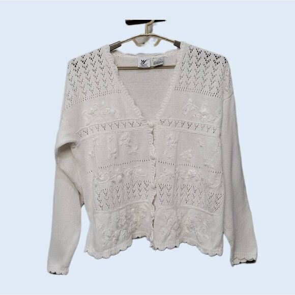 VTG Maggie Lawrence Cardigan‎ Sweater Large White Cottage Folk Grandma Scalloped - Picture 1 of 8